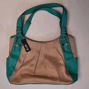 Neu mit Etikett APT 9 Brady Shopper Handtasche gewebt hellbraun Naturstroh türkis grün Handtasche - Bild 1 von 14
