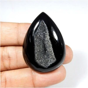 Unique Black Agate Onyx Druzy Gemstone Pear Shape Natural Cabochon 74 Cts #9301 - Picture 1 of 7