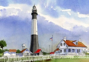 Imán para nevera Tybee Island Lighthouse Georgia. Paisaje de acuarela James Mann - Imagen 1 de 2
