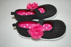 Baby Toddler Girls Shoes BLACK CANVAS MARY JANES Textured PINK FLOWER Size 5 - Picture 1 of 1