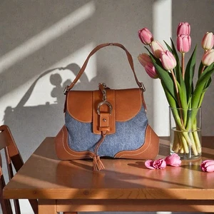 BUTI Made In Italy Damen Denim Schultertasche Blau & Braun Medium - Bild 1 von 12