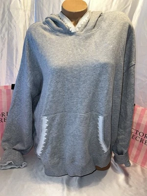 Victorias Secret PINK Boyfriend Hoodie Oversized Embroidered Trim XL Gray - Image 1 of 4