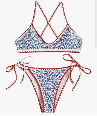Conjunto de bikini ZAFUL para mujer bohemio con tiras atado lateral triángulo descarado mediano Foto 1 de 4