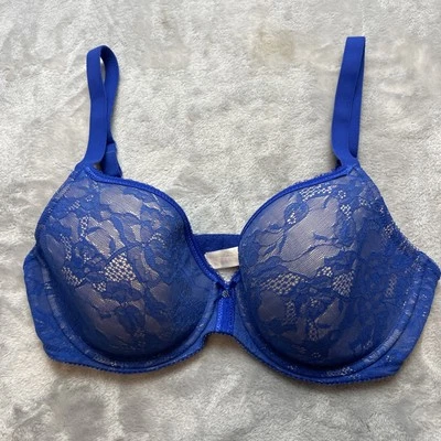Wacoal Lace Finesse Bra Womens 34DD Blue Low Plunge Underwire T-Shirt 853201 - Image 1 of 4