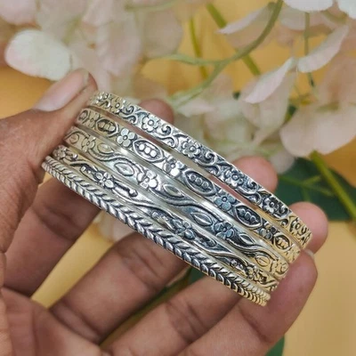 Hammered Set of 5 925 Sterling Silver Bangles Anniversary Stacking Bracelet RR13 - Image 1 of 4