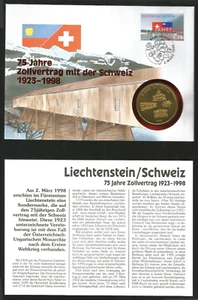 Switzerland 1998 Liechtenstein Zollvertrag Stamp FDC + Coin UNC Swiss 5 Euro 75 - Picture 1 of 1