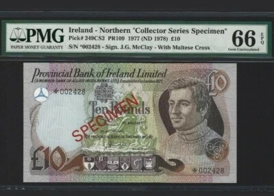 1977 NORTHERN IRELAND 10 POUNDS SPECIMEN PMG66 EPQ GEM UNC <P-249CS2> - Image 1 of 2