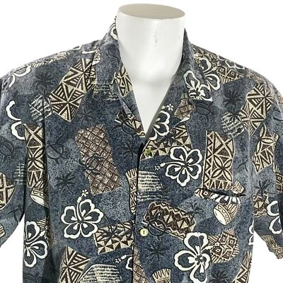 Royal Creations Hawaiian Shirt XL Turtles Tiki Hibiscus Floral Tribal Gray Foto 1 de 4
