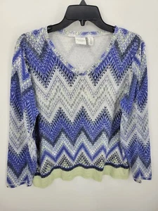 Chicos Oberteil Damen XL 3 blau weiß Zick Zack Perlen Langarm Pullover künstlerisch - Bild 1 von 7
