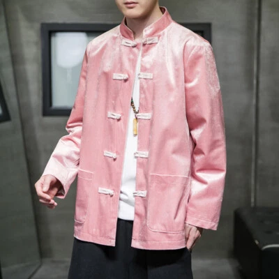 Mens Velvet Long Sleeve Shirt Jacket Frog Button Blouse Tops Mandarin Collar - Image 1 of 4
