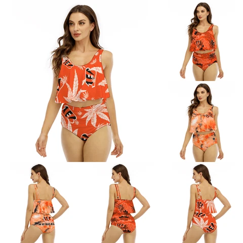 Cincinnati Bengals Womens Swimsuit 2PCS Ruffled Tank Top High Waisted Bikini Set Cover
