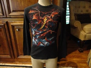 Black Liquid Blue Dragon Print Long Sleeve 60-40 Thermal Shirt Adult S Rare Find - Picture 1 of 8