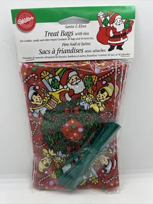 1995 Vintage Wilton Holiday Cheer 40 Count Treat Bags and Ties 6”X4” Santa & Elf - Image 1 of 4