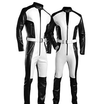 Men's Genuine Leather Biker Jumpsuit - Black Overall Racer Catsuit Bodysuit - Image 1 of 3