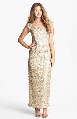Alex Evenings Embellished Lace Cap sleeves Gold Gown Dress Size 8 NWT - Image 1 of 3