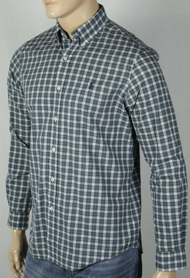 Camisa de vestir Ralph Lauren verde a cuadros clásica manga larga azul marino pony nueva con etiquetas Foto 1 de 1