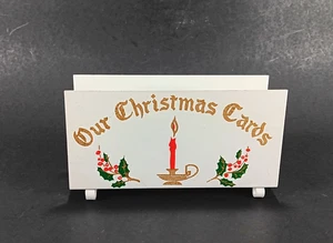 VTG Our Christmas Cards Holder White Metal w/Candle & Holly Gold Glitter 6" - Picture 1 of 14