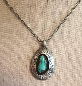 Vintage Navajo Sterlingsilber Türkis Schatten Box gestempelt Anhänger Halskette 23" - Bild 1 von 7
