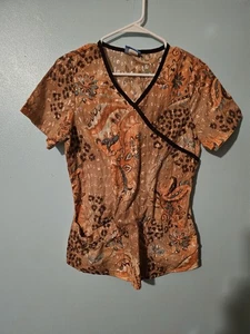 Elan By Barco Tan And Brown Print Scrub Top  - sz S - Picture 1 of 4