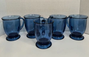 Cobalt Blue Glass Mugs 16 oz Footed Flared Anchor Hocking Set Of 5 - Picture 1 of 9