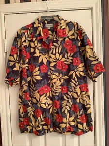 Cutter & Buck Shirt Mens Large Blue Red Yellow Hawaiian Floral Button Up Camp - Picture 1 of 7