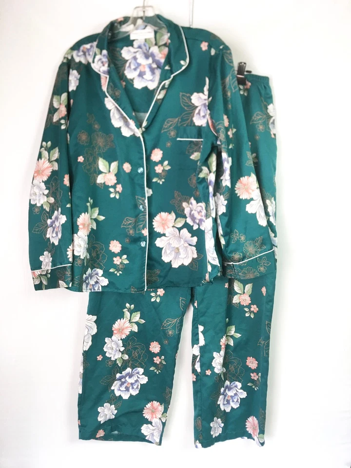 Miss Elaine Mujer 1X Conjunto Pijama Camisa Pantalones Verde Multi Cuadros Satinado PJ Foto 1 de 4