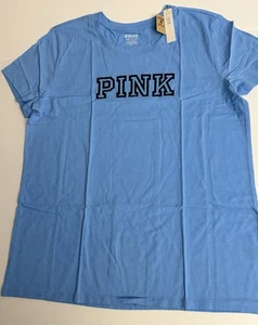 Victoria's Secret PINK Collection Nwt XL Blue Black Logo Short Sleeve Tee Shirt - Picture 1 of 3