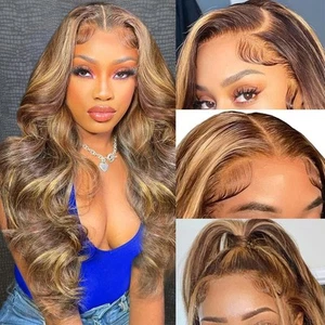 Ombre Highlight Lace Front Wigs Human Hair 13x4 Body Wave P4/27 Colored Gluel... - Picture 1 of 6