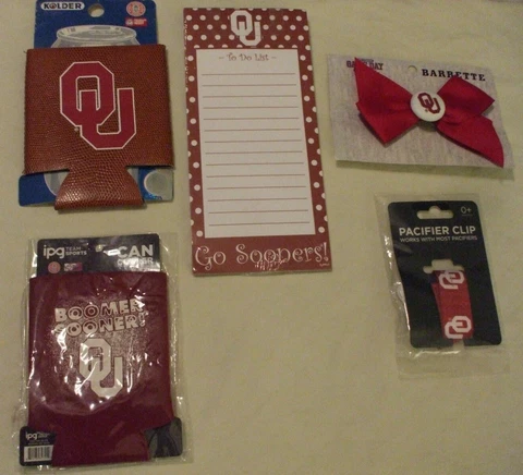 NCAA OU OKLAHOMA SOONERS CAN HOLDER COOLER NOTEPAD BARRETTE PACIFIER CLIP Cover