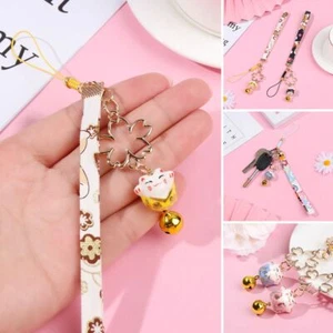Phone Strap Lanyard Keychain Wrist Rope Lucky Cat Bell Sakura Phone Lanyard - Picture 1 of 17