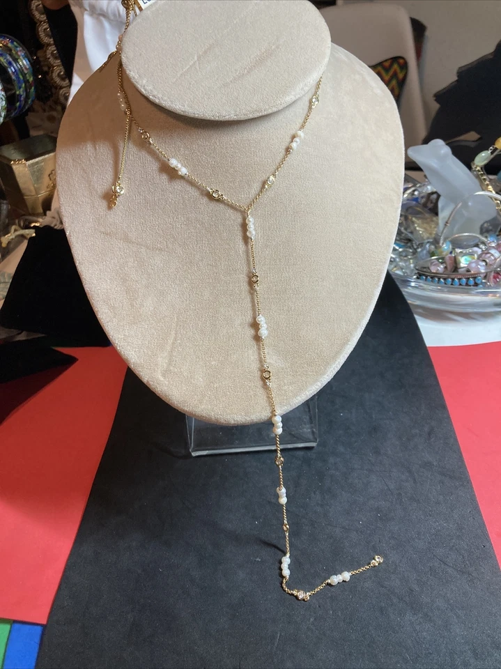 Lucky Brand Gold Tone Pearl And Crystal Long Y Necklace B132 NWT Semi Precious - Image 1 of 4