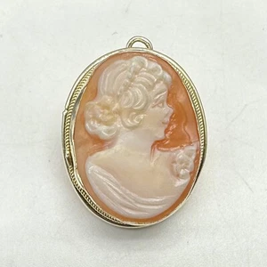 Vintage 10k Yellow Gold Carved Shell Cameo Brooch Pin Pendant Combo 7/8" 3.3g - Picture 1 of 9