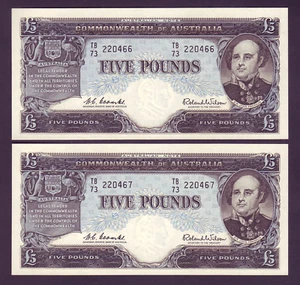R-50. (1960) 5 Pounds.. Coombs/Wilson - Reserve Bank.. aU-UNC - CONSECUTIVE Pair - Picture 1 of 2