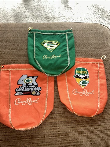 NFL Green Bay Packers 3 Bag Set Of Logo’d CROWN ROYAL BAG  1 Liter Cover