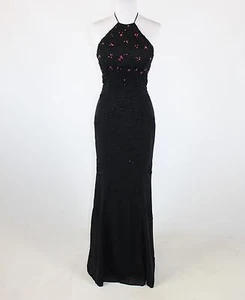 Black pink floral beaded embroidered STONE FERRIS STERLING halter ball gown 4 - Picture 1 of 8