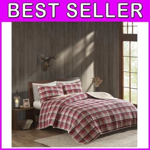 Cotton Coverlet Set - Tasha Plaid Red/Tan Reversible Quilt with Shams King - Picture 1 of 9