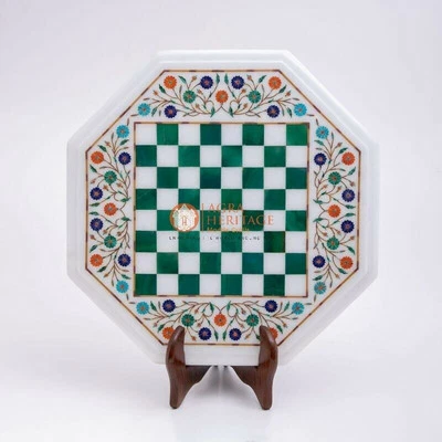 White Marble Handmade Chess Set Table With Wooden Stand Malachite Inlaid Decor - Image 1 of 4