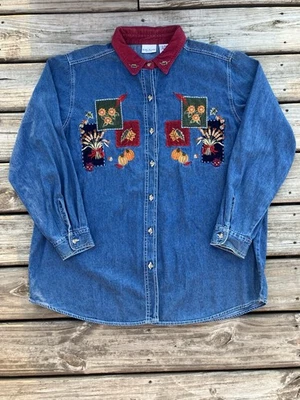 Vtg Bobbie Brooks Denim Shirt Women's 18 20 Fall Harvest Embroidered Corduroy - Image 1 of 4