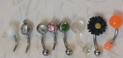 批量 7 件 肚脐扣环 混合样式 – 不锈钢和丙烯酸穿孔 — 第 1/4 张图片