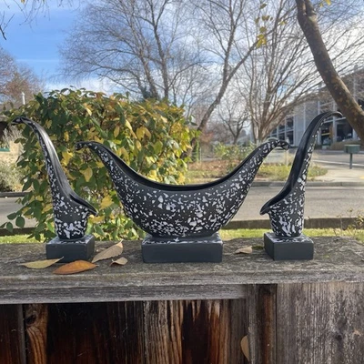 Red Wing Pottery Black & White Speckled Candle Holders & Vase Set Wings MCM USA - Image 1 of 4