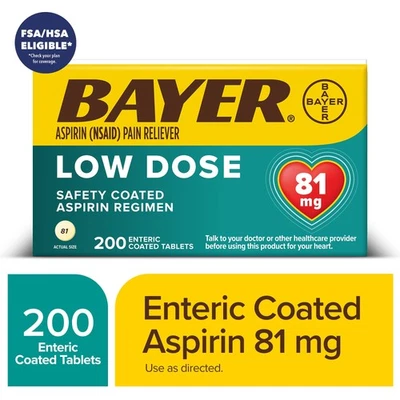 Régimen de aspirina Bayer dosis baja 81 mg analgésico recubierto entérico comprimidos, 200 quilates Foto 1 de 4