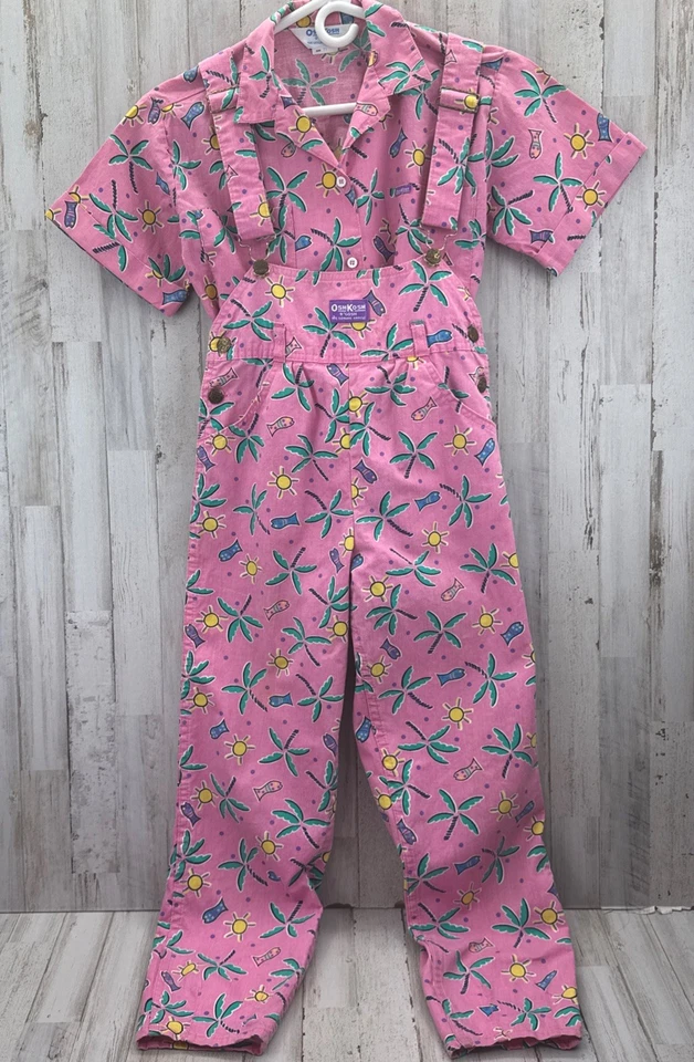 Raro Conjunto Mono Tropical Rosa Oshkosh B Gosh Rosa Años 80 Talla 12/14 Pierna Cónica Foto 1 de 4