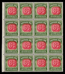 AUSTRALIA POSTAGE-DUE: BLOCK OF 16! 1946-1957 6d CARMINE SG: D125 GIBBONS CV£400 - Picture 1 of 4
