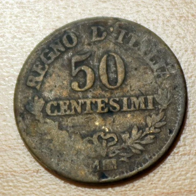 1863 Italy 50 Centesimi Silver CUD Error - Image 1 of 3
