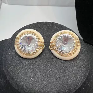 Orecchini Vintage Tono Oro Smalto Rivoli Strass Clip On - Foto 1 di 3