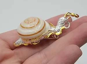 Snail Brooch With Ruby Eyes Real Shell Silver Gold Tone 2.25" Signed - Picture 1 of 8