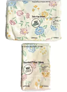 Vtg JC Penney Twin Size Flat Sheet & 2 Pillow Cases Pale Camel Floral Print NOS - Picture 1 of 8