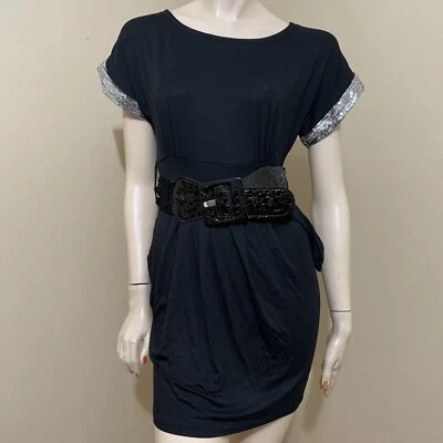 Women’s Black Rayon Casual Party Stretch Beaded Belted Pleated Size L Dress - Image 1 of 4