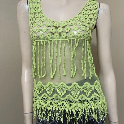 Women’s Lime Cotton Casual Summer Open Knitted Net Sheer Lace Size S Blouse Top - Image 1 of 4