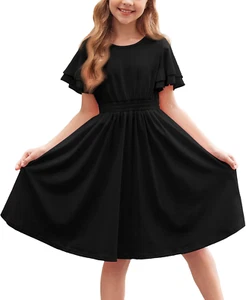 Girl'S Casual Dress Summer Scoop Neck Short Sleeve Flowy Print and Plain Sundres - Picture 1 of 25